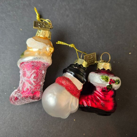 Lot Of 3 Glass Christmas Ornaments 2" Snowman Puppy In Stocking Red Boot Glitter - Picture 5 of 6